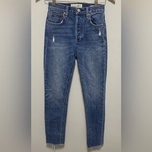 Denim Forum Jeans Womens 24 (24x27) Blue Yoko High Rise Slim Raw Hem Button Fly